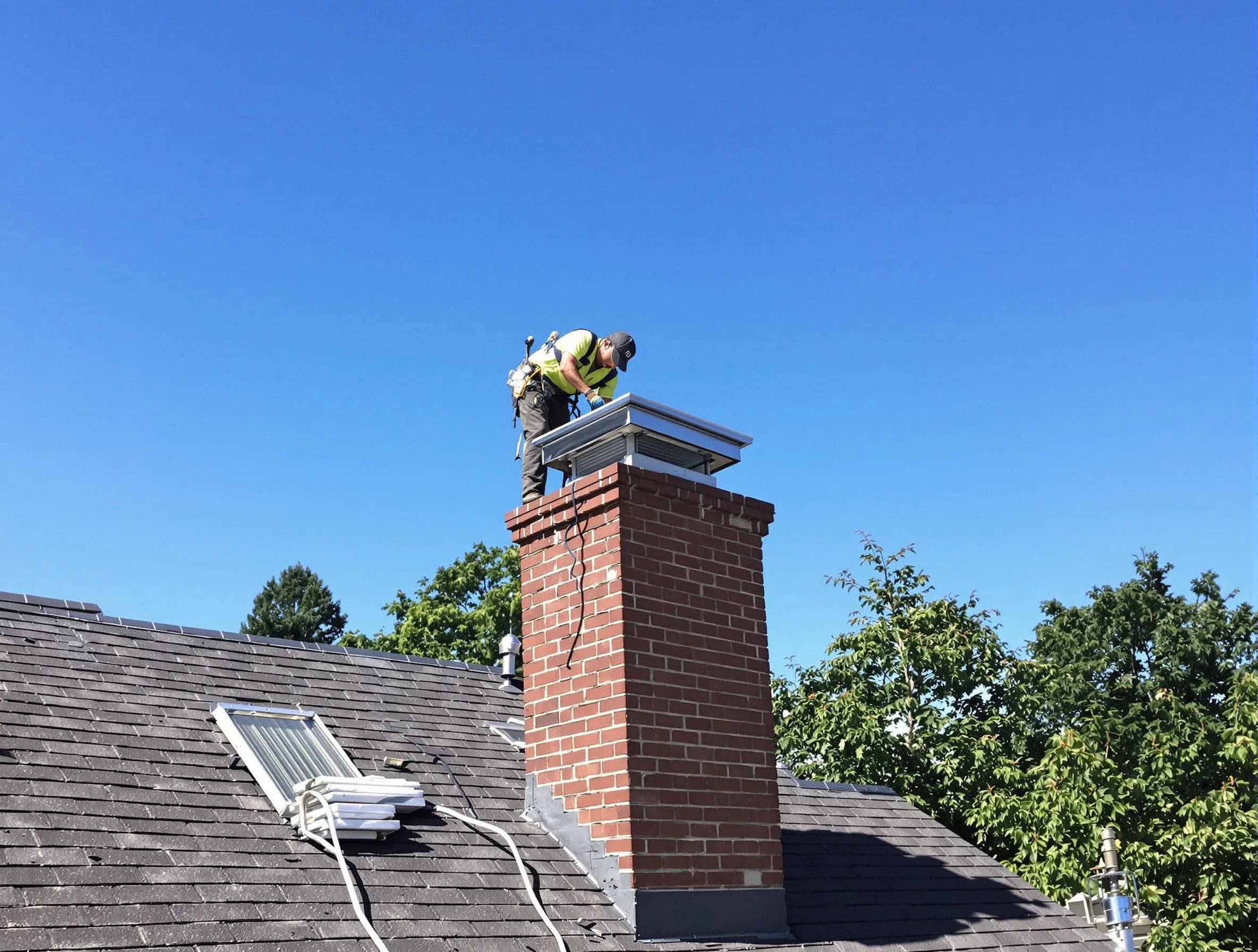 Stafford Courthouse Chimney Sweep technician measuring a chimney cap in Stafford Courthouse, VA